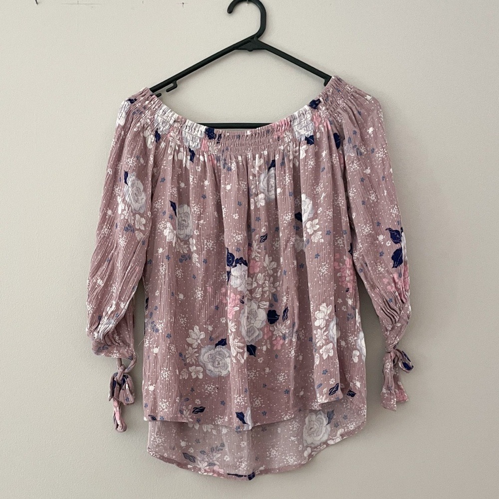 One Cloth Los Angeles Mauve Floral Off Shoulder Tie Sleeve Blouse Medium CT6651